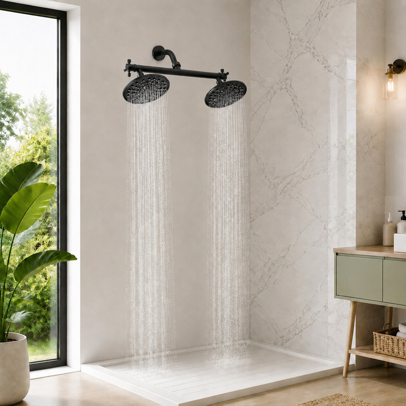 Système de douche moderne à pluie double avec têtes de douche doubles fixes, buses à angle réglable et faciles à nettoyer, finition noir mat