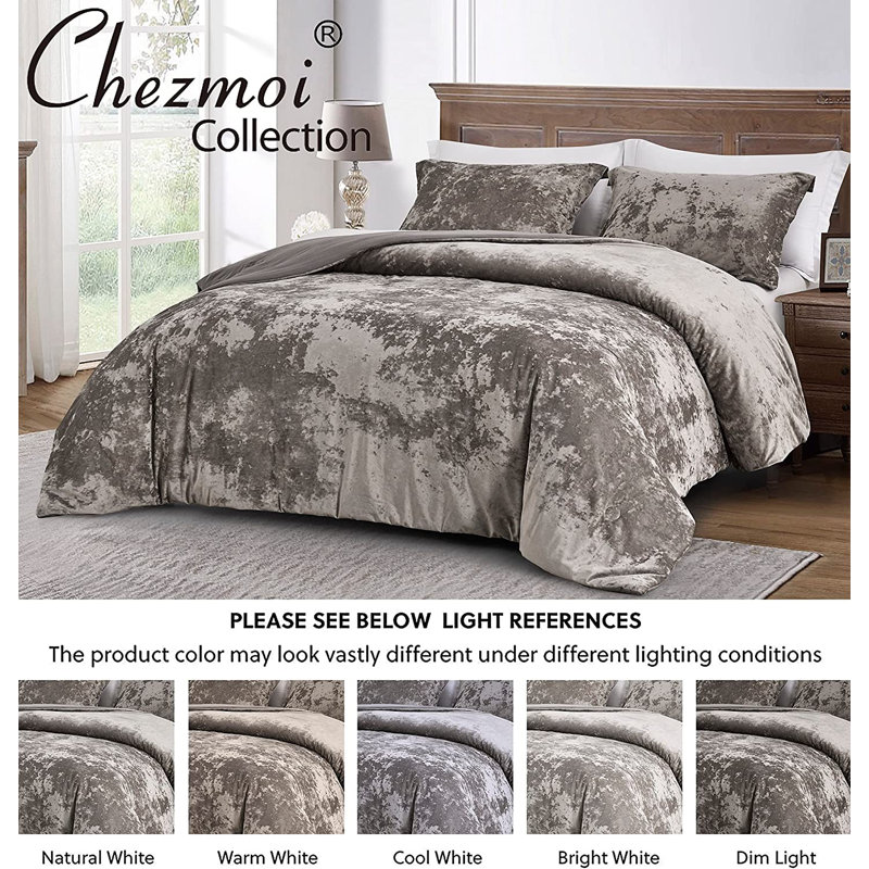 Lux Distressed Velvet Reversible Comforter Set, Gray, Queen Comforter + 2 Standard Shams