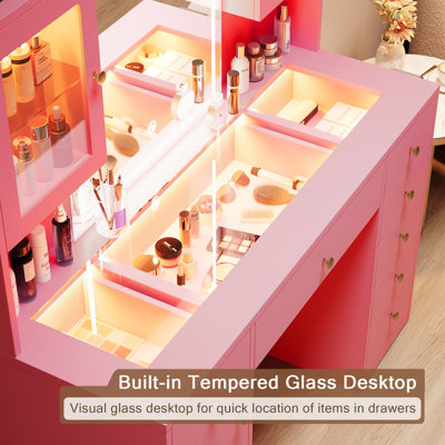 Vanity Desk With Mirror And Lights, Glass Top Makeup Vanity With Rgb Light And  Charging Station For Girls , White
