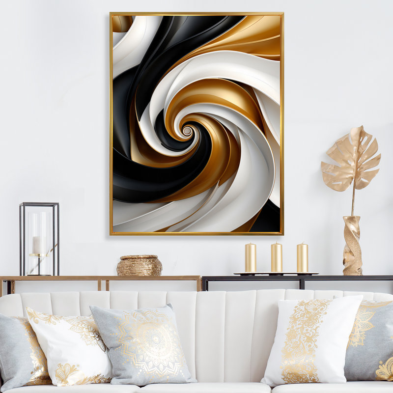 Abstrait spirale abstraite liquide or noir et double spirale abstraite, H 40 po x l 30 po x P 1,5 po, Cadre flottant doré
