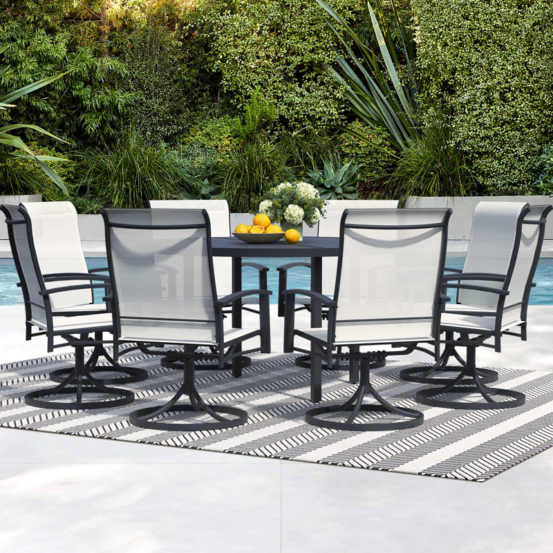 9-Piece Outdoor Dining Set For 8 – 60" Black Round Outdoor Table With Umbrella Hole & 8Patio Swivel Chairs, All-Weather Patio Furniture