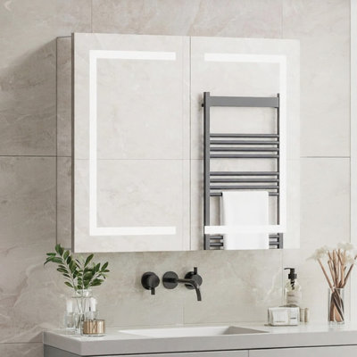 28" H x 34" W Led Medicine Cabinet Mirror For Bathroom, Lighted Medicine Cabinet With Double-side Led Light And Mirror, 3 Color Temp, Anti-fog, Built-in Outlet