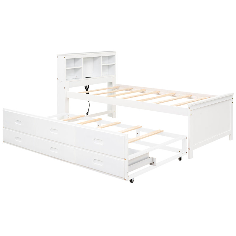 Lit simple avec tête de lit, lit gigogne et 3 tiroirs - tiroirs en bois blanc, lit gigogne
