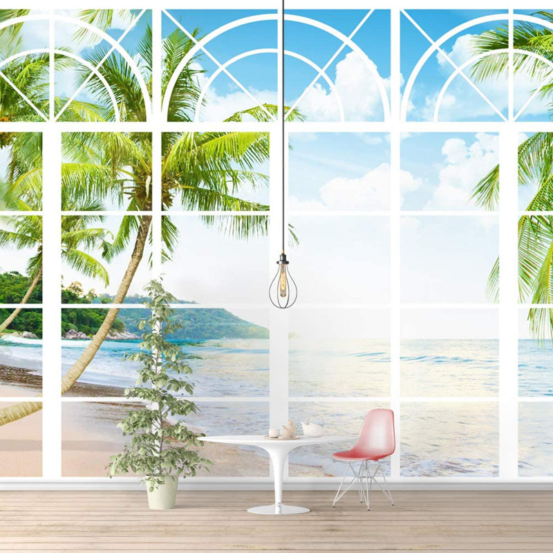 Adhésif mural fenêtre vue de fenêtre sur une plage côtière, L 100 po x l 144 po