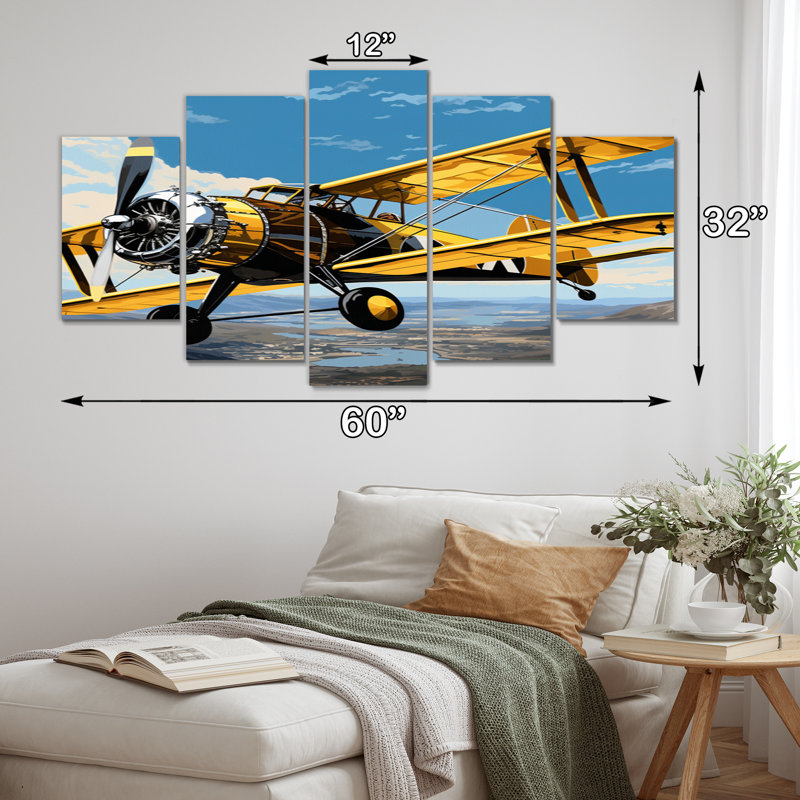 Avion jaune au-dessus du lac - Art mural sur toile transport - 5 panneaux