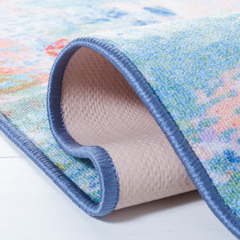 Blush Pink and Green Floral Washable Synthetic Rug