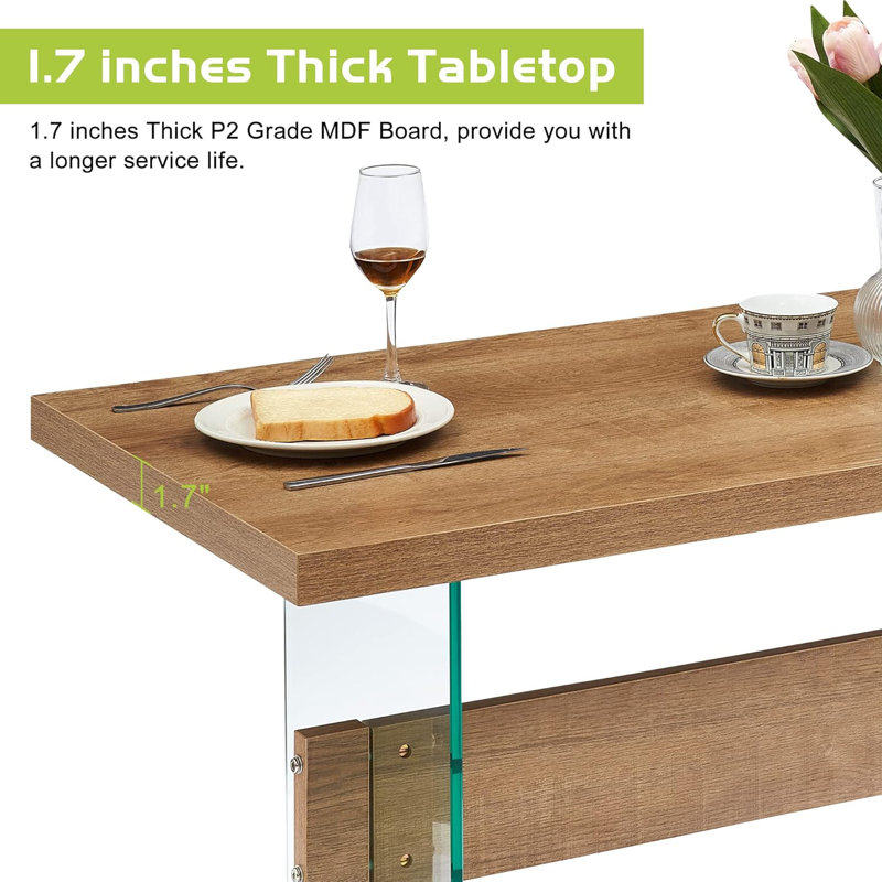 Modern 55 inches Rectangular Dining Table,High Glossy Glass Desk Table, Brown