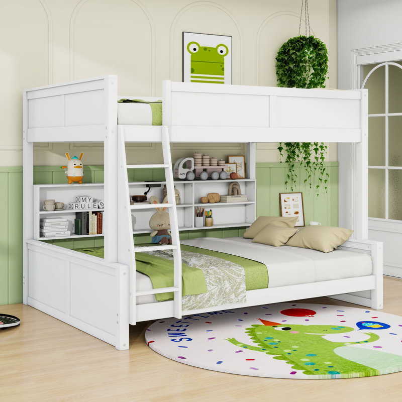Lit superposé en bois avec tablettes de rangement intégrées et ports USB, Blanc antique, Double TG sur grand