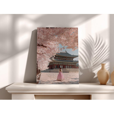 Korean Palace Wall Art, Woman in Hanbok Canvas - Cherry Blossom Scenery, Pink Spring Decor, Traditional Seoul Temple Photography for Home