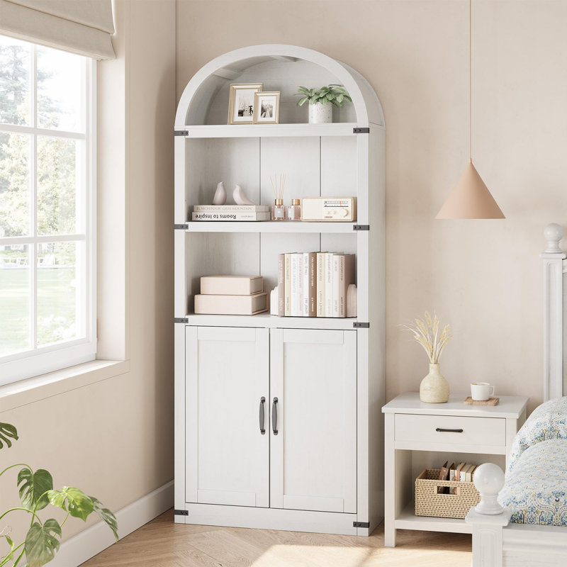 71.65" Arched Farmhouse Bookcase with Cabinet, Wooden 3-Shelf Storage Bookcase for Living Room & Home Office, White