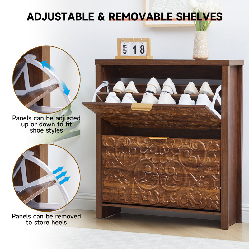 16 Pair Shoe Storage Cabinet With 2 Flip Drawers, Walnut