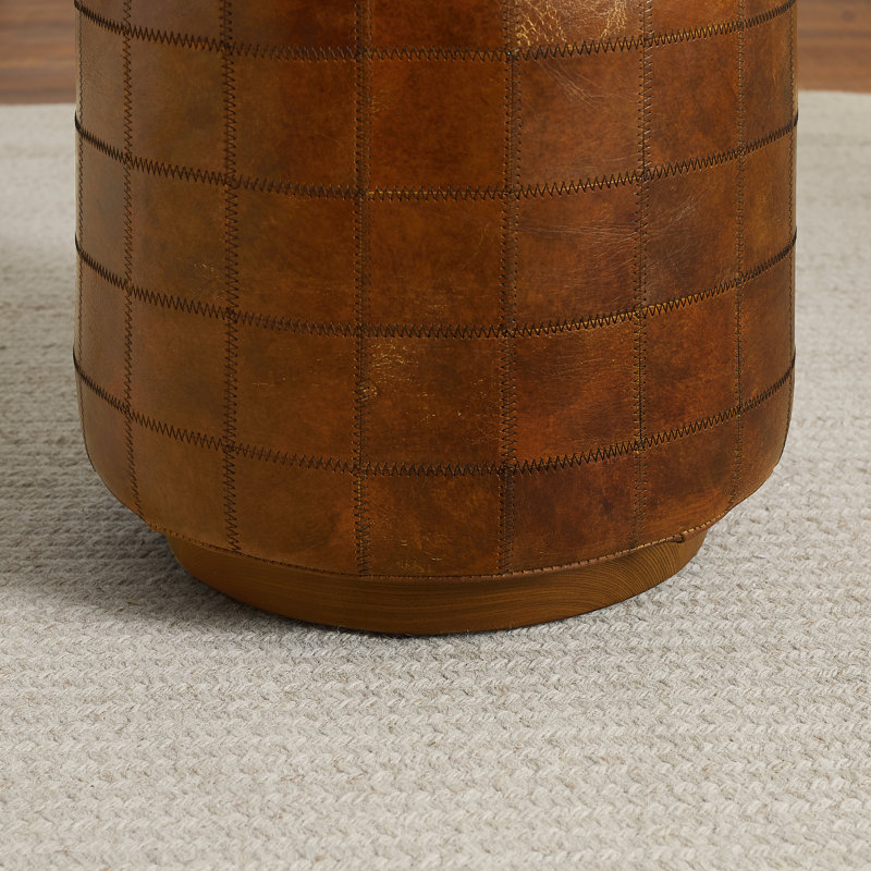 Archer 16.14"W Tufted Full-Grain Genuine Leather Upholstered Round Ottoman Footrest Pouf, Cognac