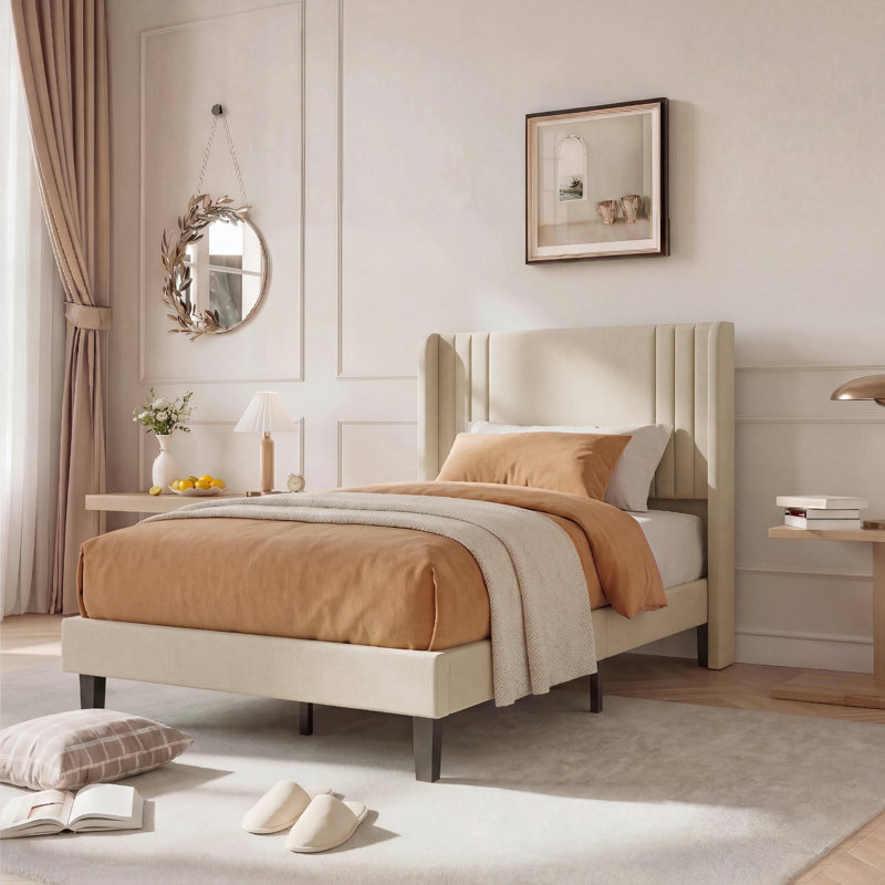 Upholstered Linen Bed, European Single (90 x 200 cm), Beige