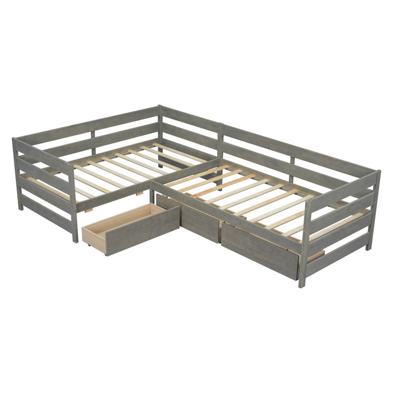 Lit plateforme en L avec trois tiroirs de rangement, Gris