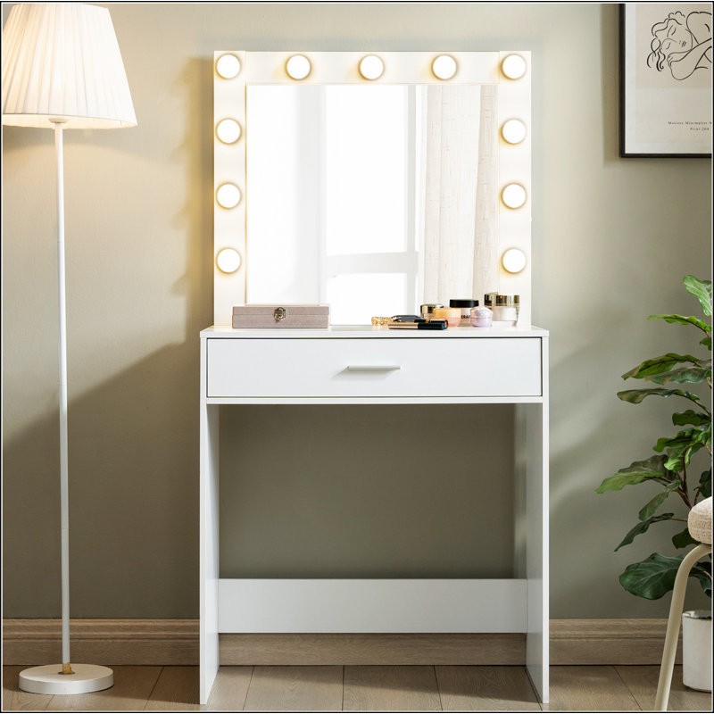 Vanity Desk with Mirror and Lights, Dressing Table with Large Drawer, 1 Level Storage Dresser & 3 Lighting Modes Adjustable Brightness, Suitable for Bedroom