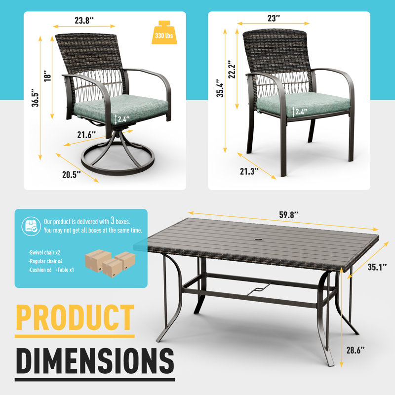 Hainer 6 - Person Patio Dining Set with Rectangular Table , Cushions Included, Teal