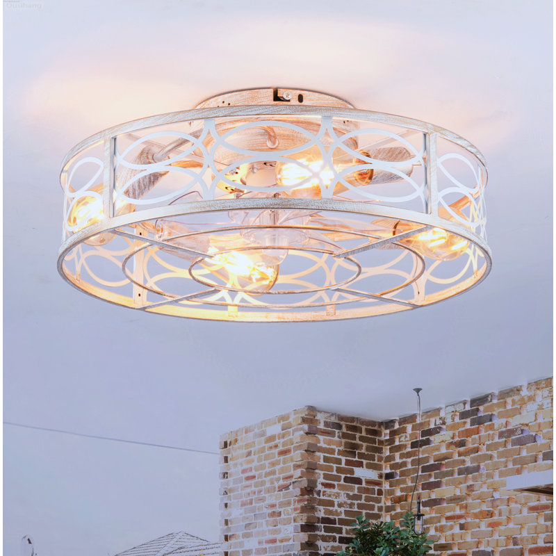 Ventilateur de plafond encastré avec télécommande réversible 6 vitesses Farmhouse, Blanc et doré
