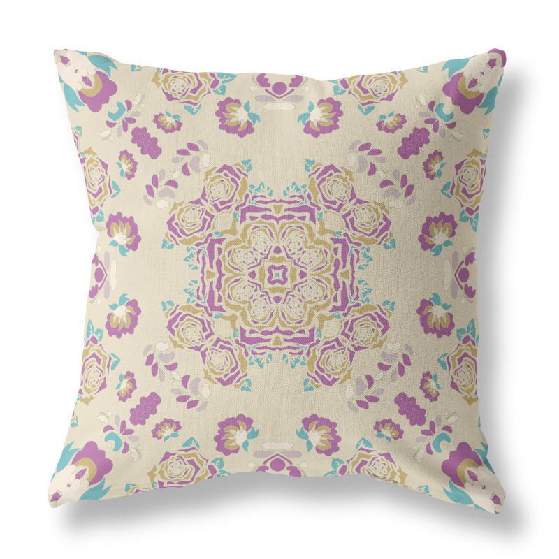 Coussin 20 po x 20 po, Blanc cassé / mauve / floral jaune