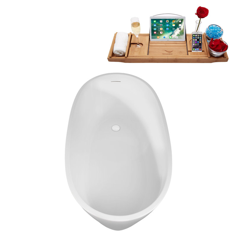 51" Streamline Soaking Freestanding Tub and Tray With Internal Drain, Glossy White