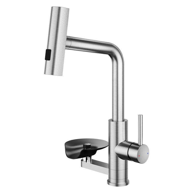 Robinet de cuisine rétractable à poignée simple avec pulvérisateur 3 modes et rince-verre, Nickel brossé
