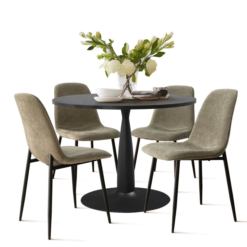 Folmar 35" W 5-Piece Round Dining Set with Gloss Finish and Chenille Chairs, Green