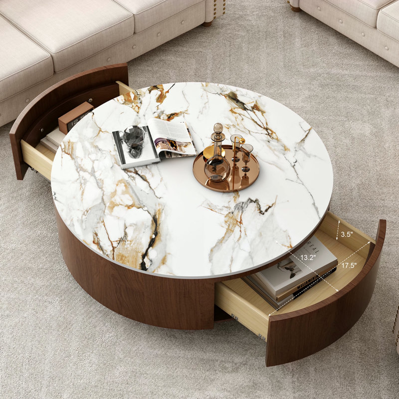 Table basse rustique ronde avec 2 tiroirs et plateau en pierre frittée