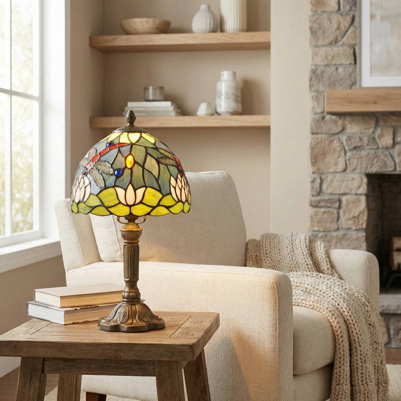 Tiffany-style Dragonfly And Lotus Table Lamp, Decorative Desk Light Decor With Bulbs
