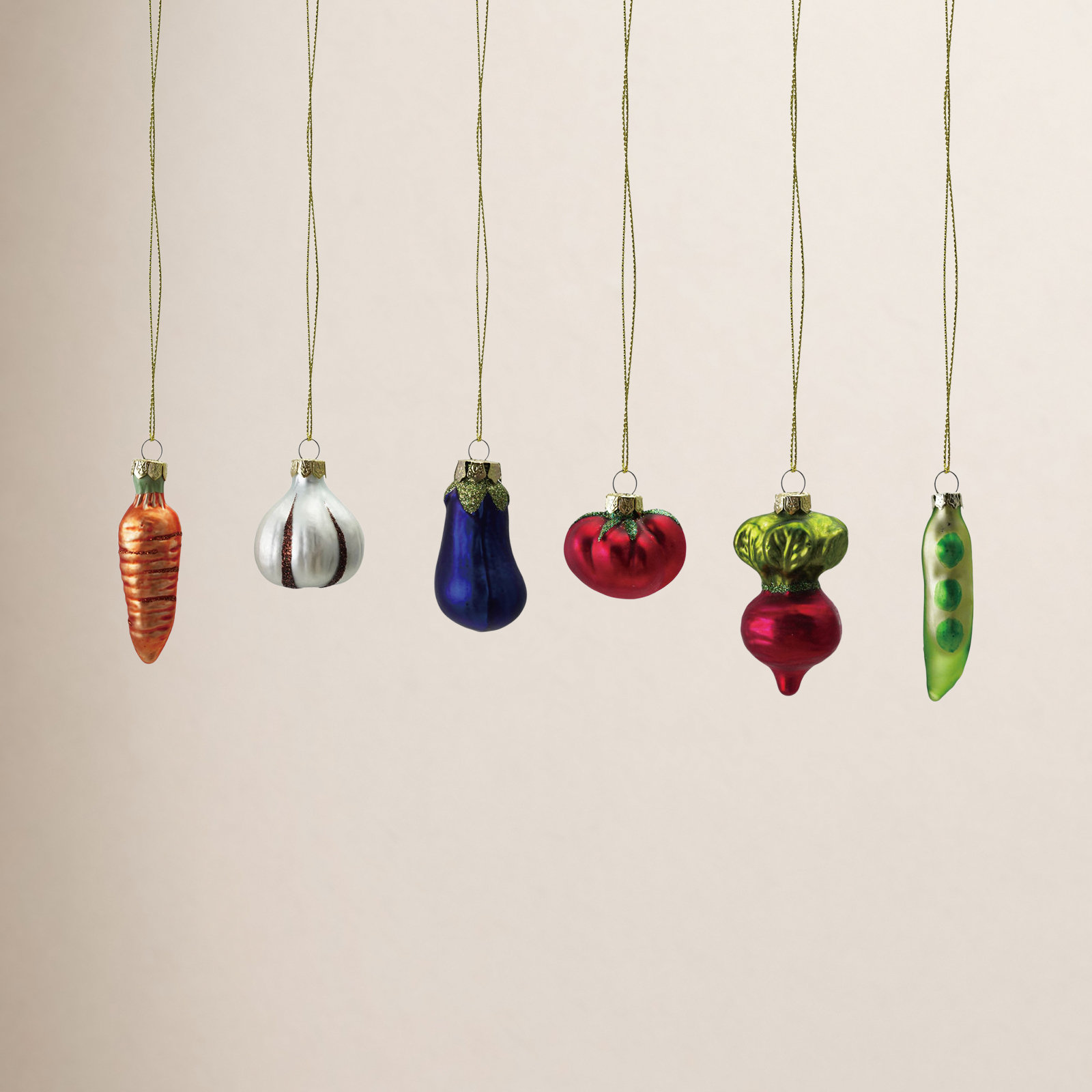 6-Piece Glass Vegetable Ornaments With Glitter