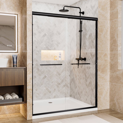 Aluminum Frame Double Sliding Shower Door, 1/4" (6Mm) Clear Tempered Glass With Explosion-Proof Film, Dual Stainless Steel Handles