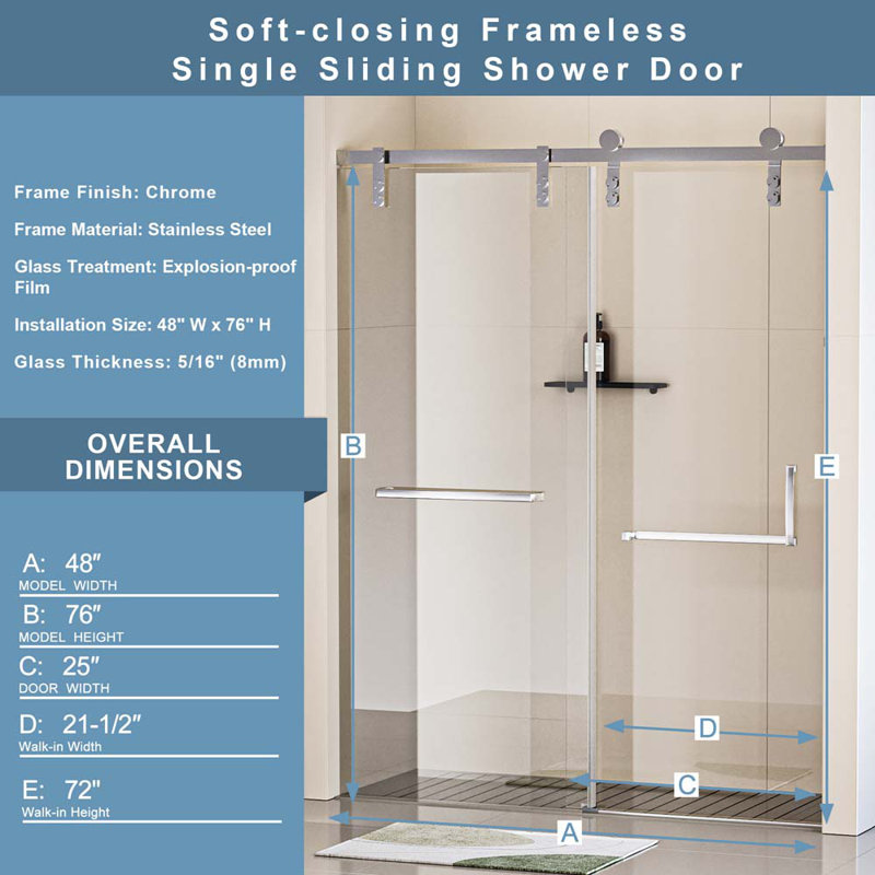Porte de douche sans cadre avec l 48 po x H 76 po