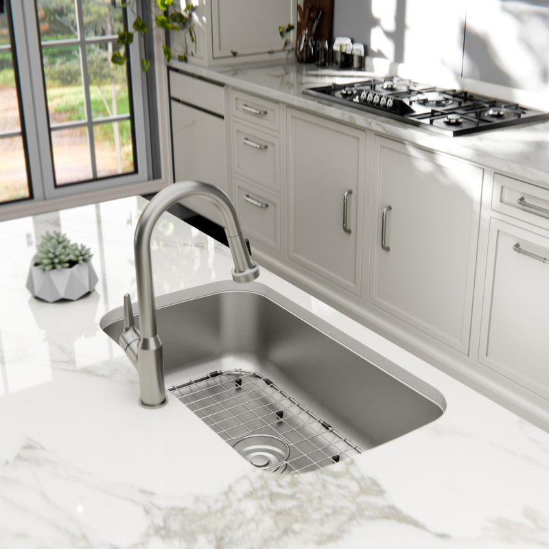 Évier de cuisine à cuve simple encastrable en acier inoxydable de calibre 18 avec accessoires Karran Profile