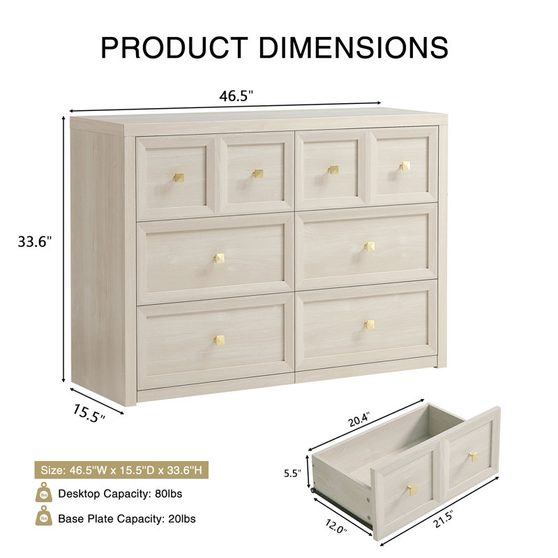 Ensemble de chambre à coucher 3 pièces, blanc - commode 6 tiroirs et table de chevet 3 tiroirs, 3 Pcs: Dresser, 2 Nightstands