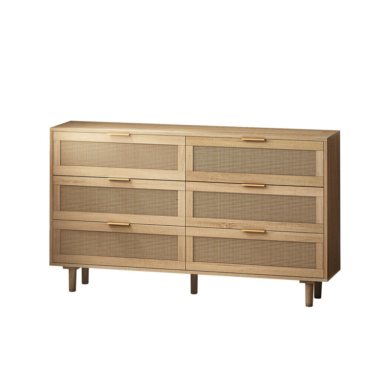 Natural Oak and Rattan 6-Drawer Storage Cabinet