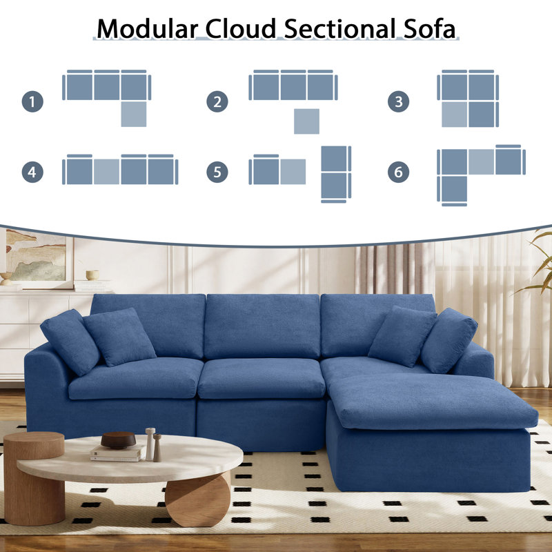Comfy Boneless L Shaped Sectional Modular Cloud Sofa with Ottoman, Oversized Compression Deep Seat Couch, 3 Seater Living Room Set