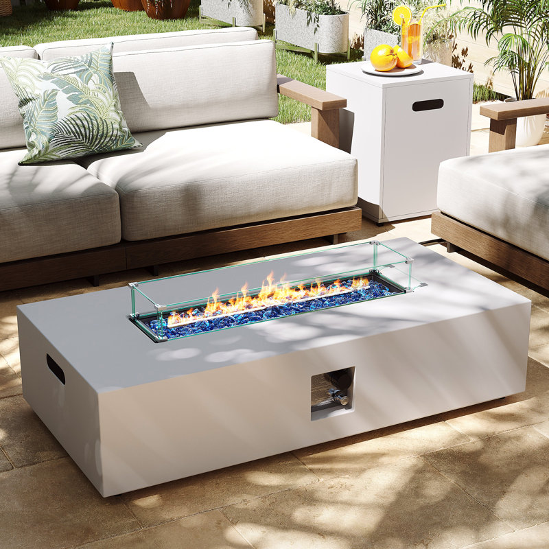  50,000 BTU 56 in. Rectangle Iron Propane Fire Pit Table W Tank Cover and Wind Guard for Outdoor Patio, White