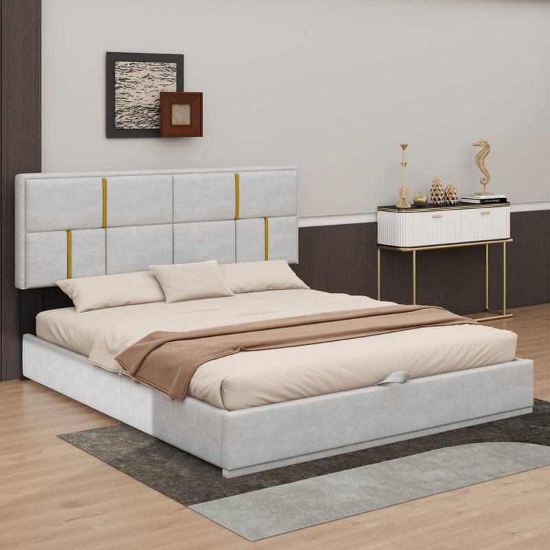 Grand lit plateforme tapissier avec élévateur hydraulique pour beaucoup de rangement, Beige
