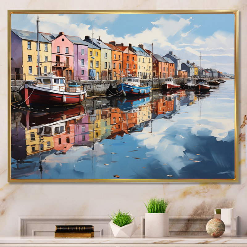 «Ireland Harbor Reflectionsan Acrylique I», reproduction encadrée, Cadre flottant doré, H 24 po x l 32 po x P 1 po
