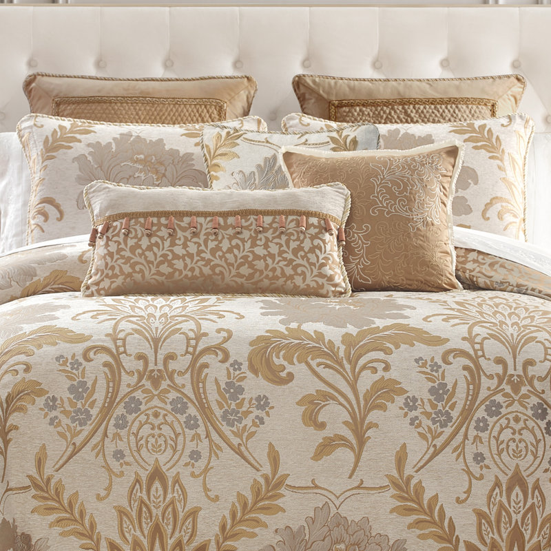 Ivory and Gold Embroidered Floral Jacquard Pillow Set
