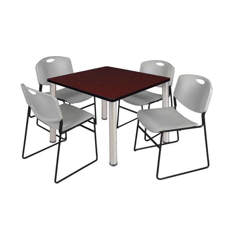 Plateau de table Kee Square, 4 chaises empilables Zeng, Chrome, H 29 po x l 42 po x P 42 po, Acajou