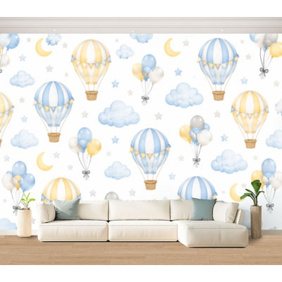 Wall Mural Peel and Stick Wallpaper Watercolor hot air balloon childish seamless moon clouds stars Self-Adhesive Removable Contact Paper Wall Decor for Living Room Bedroom 100"H x 144"W