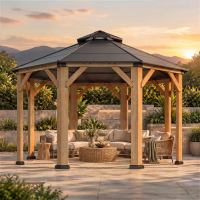 Gazebo octogonal de 4 m x 4 m en cèdre de qualité supérieure avec toit rigide double en acier galvanisé, idéal pour terrasse, jardin et cour arrière.