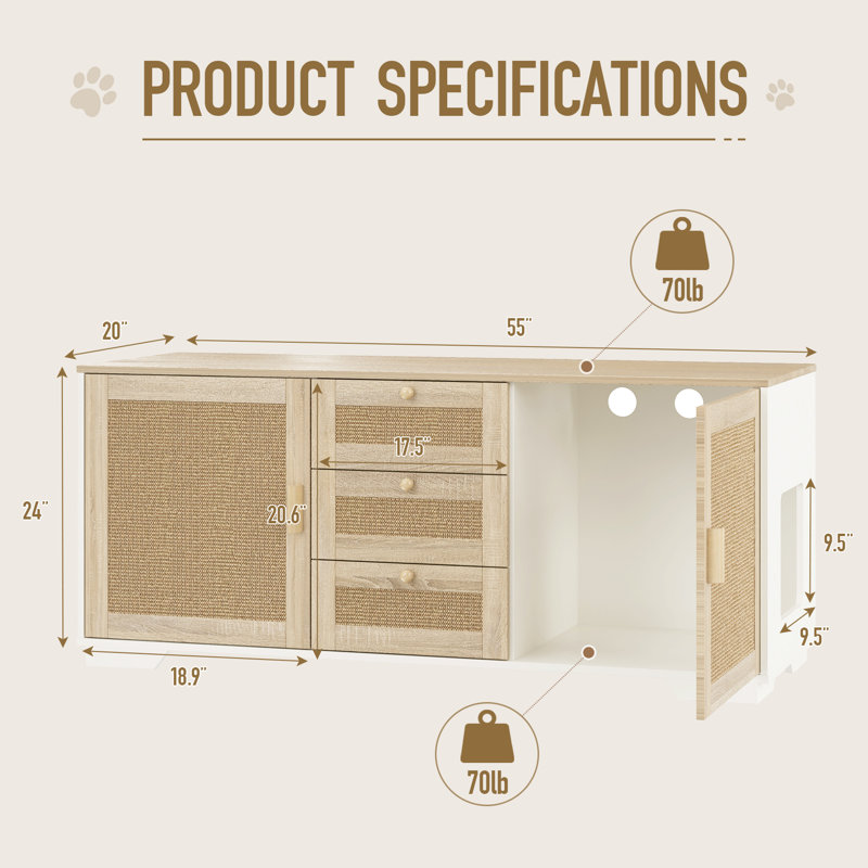 Natural Wood Cat Litter Box Enclosure with Scratching Pad and Drawers