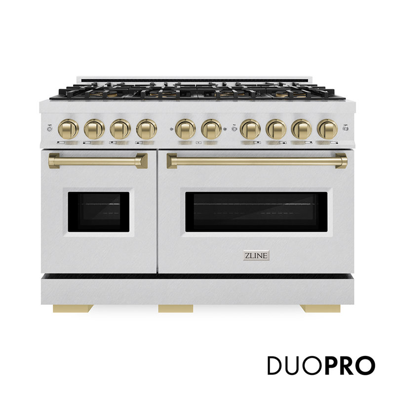 ZLINE Autograph 48 in. Classic Gas Range with 8 Burner DuoPro Cooktop w/ Champagne Bronze Accents, Satin Stainless Steel