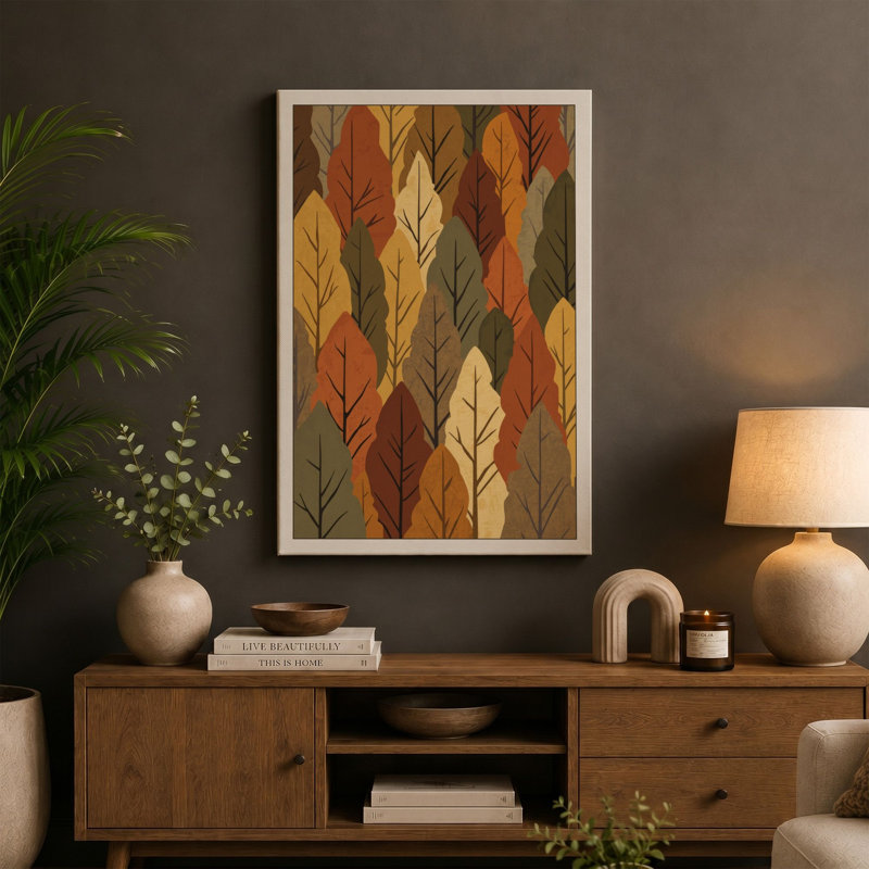 Autumn Leaf Pattern Botanical - Wrapped Canvas, 36x24 - 91.4 x 61.0 cm, Terracotta Border
