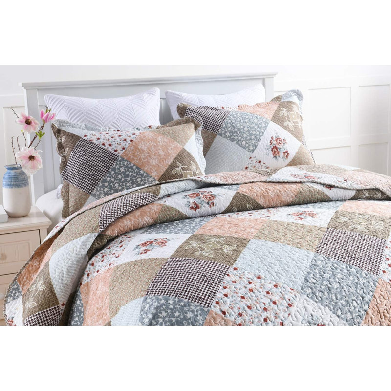 HoneiLife Queen Size 3-Piece Flower Cluster Quilt Bedding Set, Soft Blended Fabric Coverlet with Matching Pillow Shams, Gray