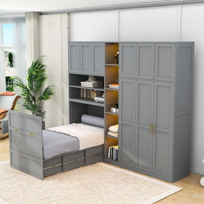 Lit simple escamotable en bois avec tablettes