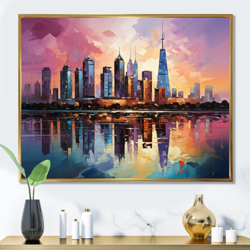 «Skyscrapers Giants Plastel IV», reproduction sur toile, H 16 po x l 32 po x P 1 po, Cadre flottant doré