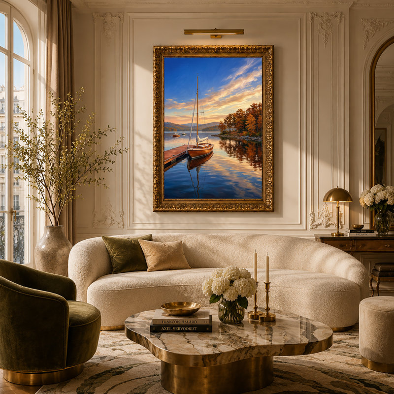 Voilier à quai en bois à côté d'arbres d'automne orange, art mural, 30"H x 20"W