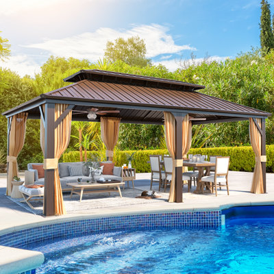 20 pi. L 12 pi. D Pavillon de jardin en aluminium à toit rigide, toit en acier galvanisé double, pavillon permanent toutes saisons, auvent extérieur avec rideaux et filet, conçu pour les spas, les terrasses et les cours arrière