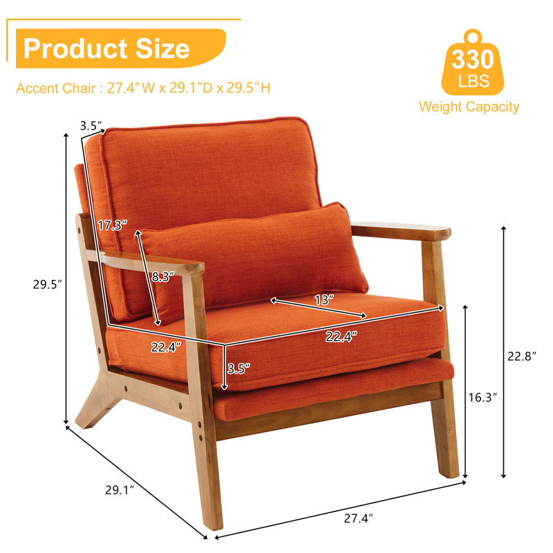 Lemley Upholstered Accent Chair With Wooden Legs And One Pillow, Orange Linen